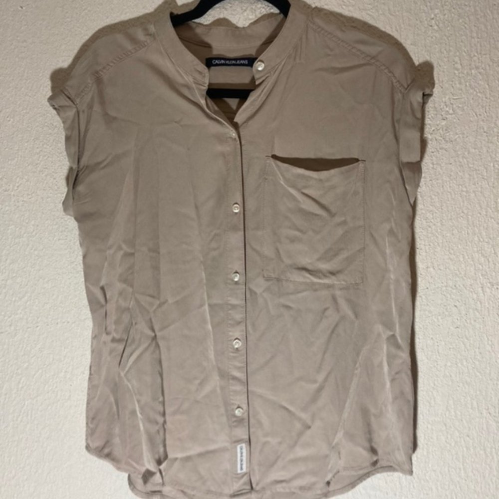 Calvin Klein Jean Tan Button Down Blouse Shirt Size Small